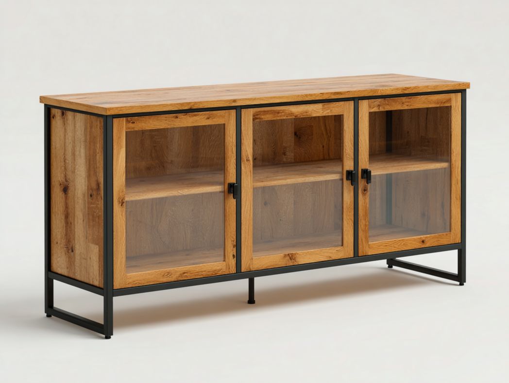 Buffet industriel en bois naturel et métal noir avec 3 portes vitrées