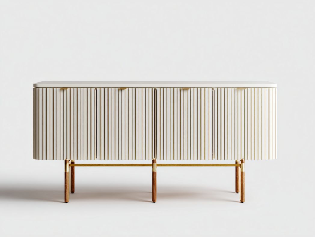 Buffet moderne chic à 4 portes blanc avec détails dorés et pieds en bois