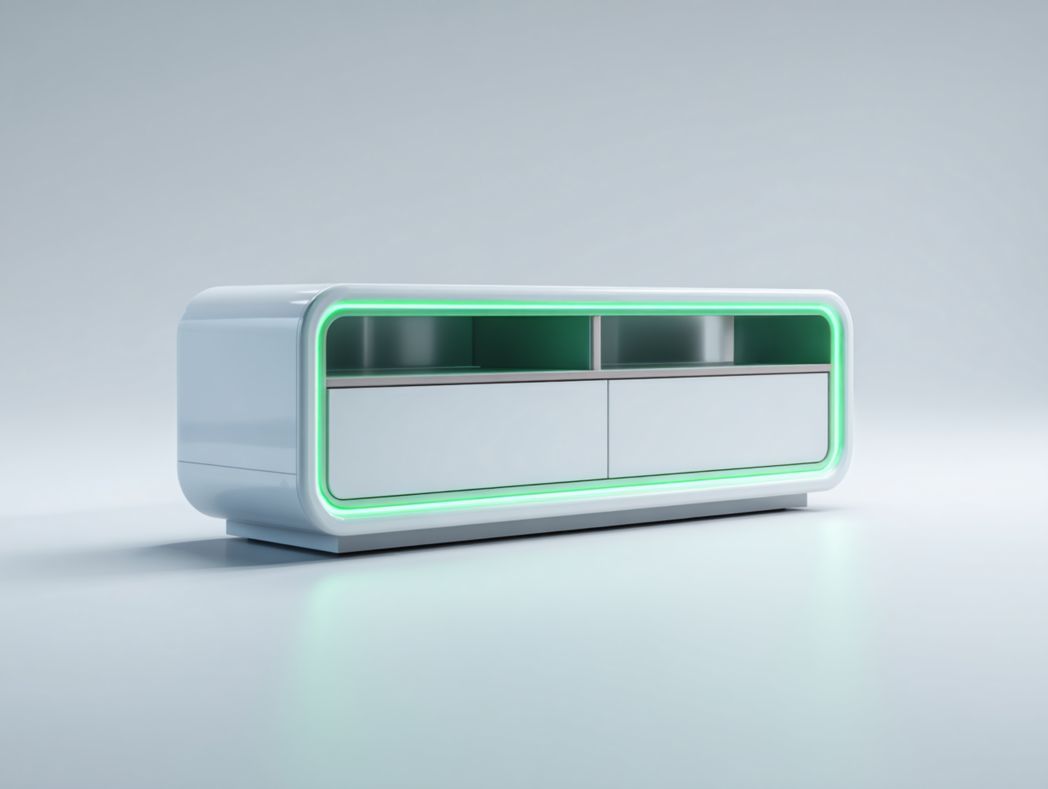 Meuble TV blanc arrondi avec éclairage LED vert, 2 niches ouvertes et rangements fermés