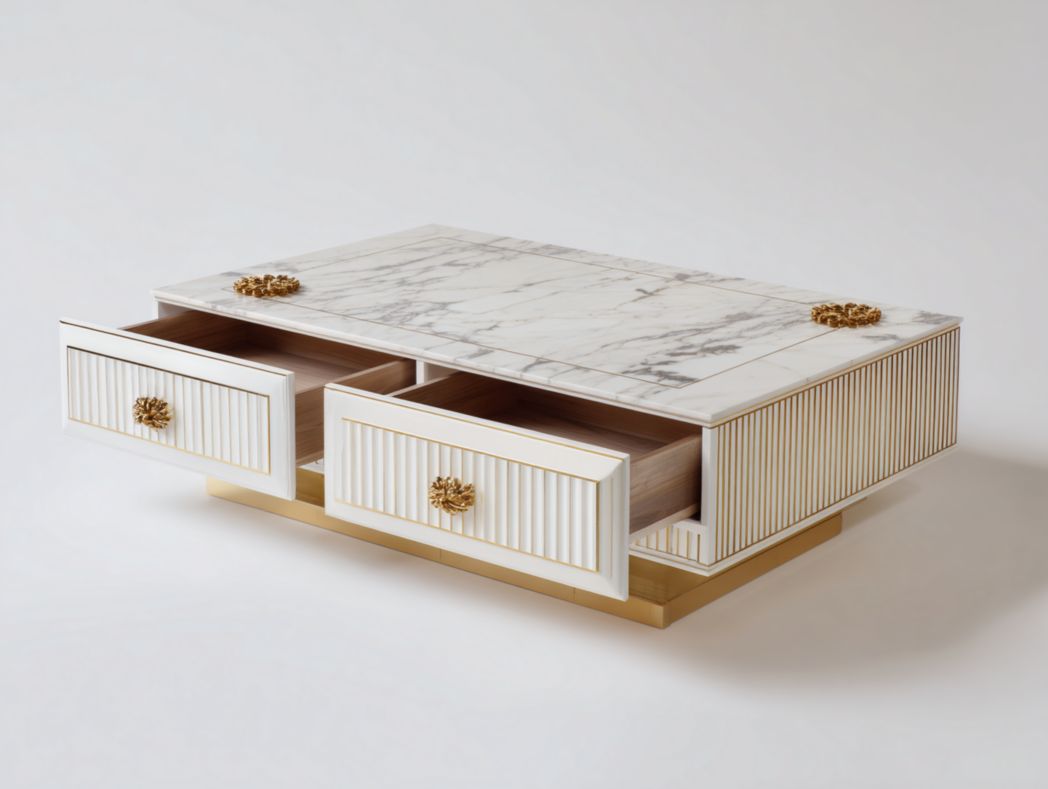 Table basse rectangulaire avec plateau effet marbre blanc et décor doré – tiroirs intégrés
