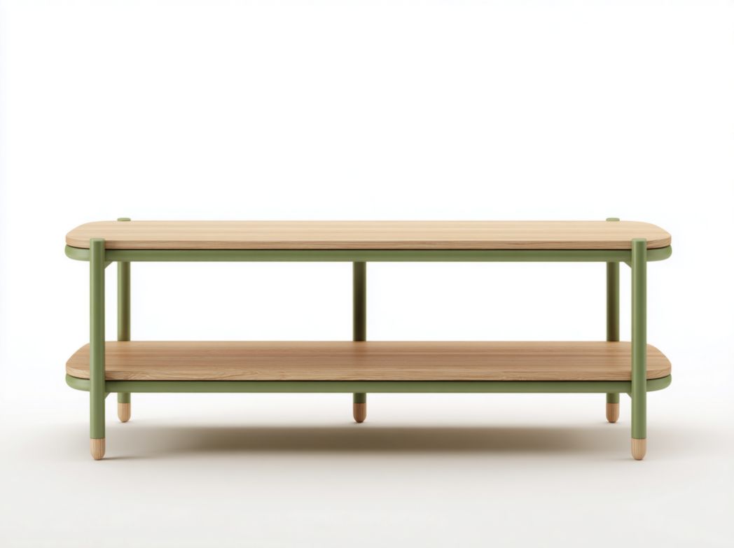 Meuble TV bois naturel à 2 niveaux ouvert avec structure en métal vert