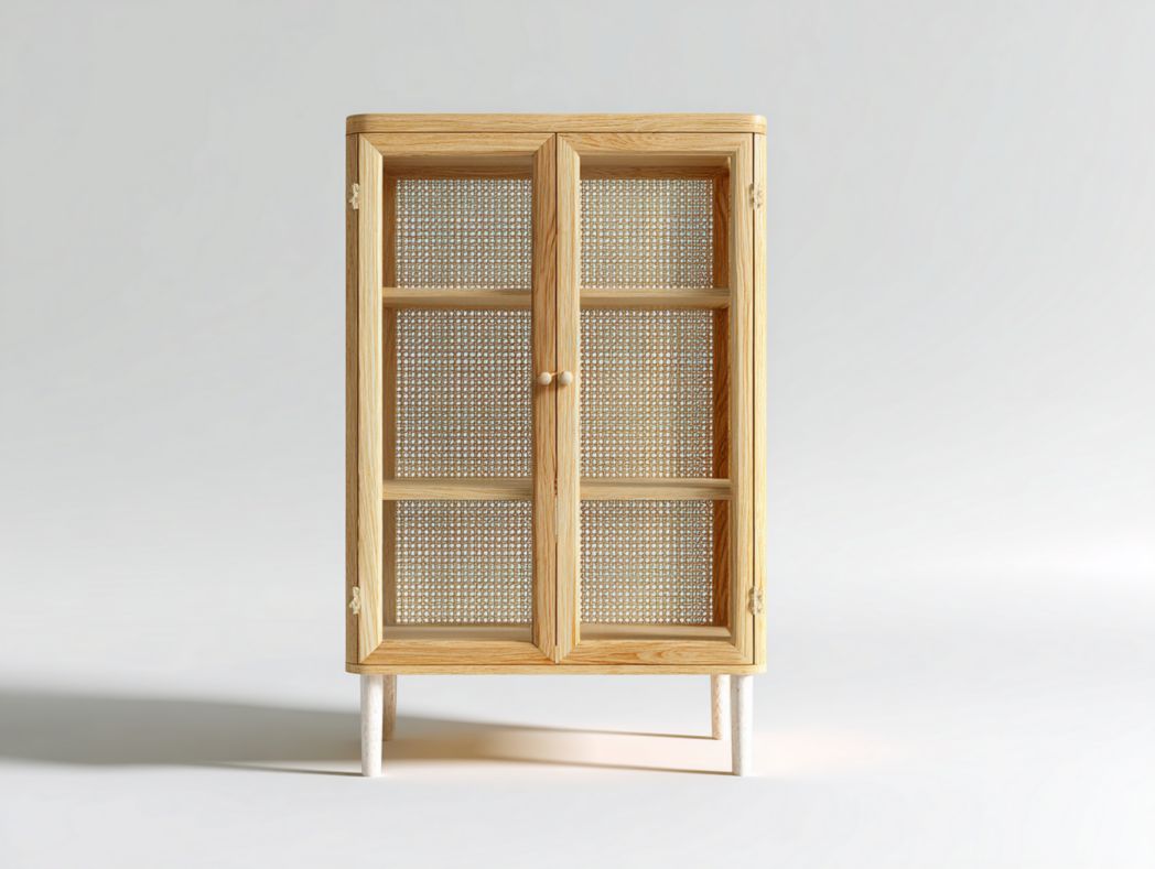 Buffet haut en bois clair avec portes en cannage tressé