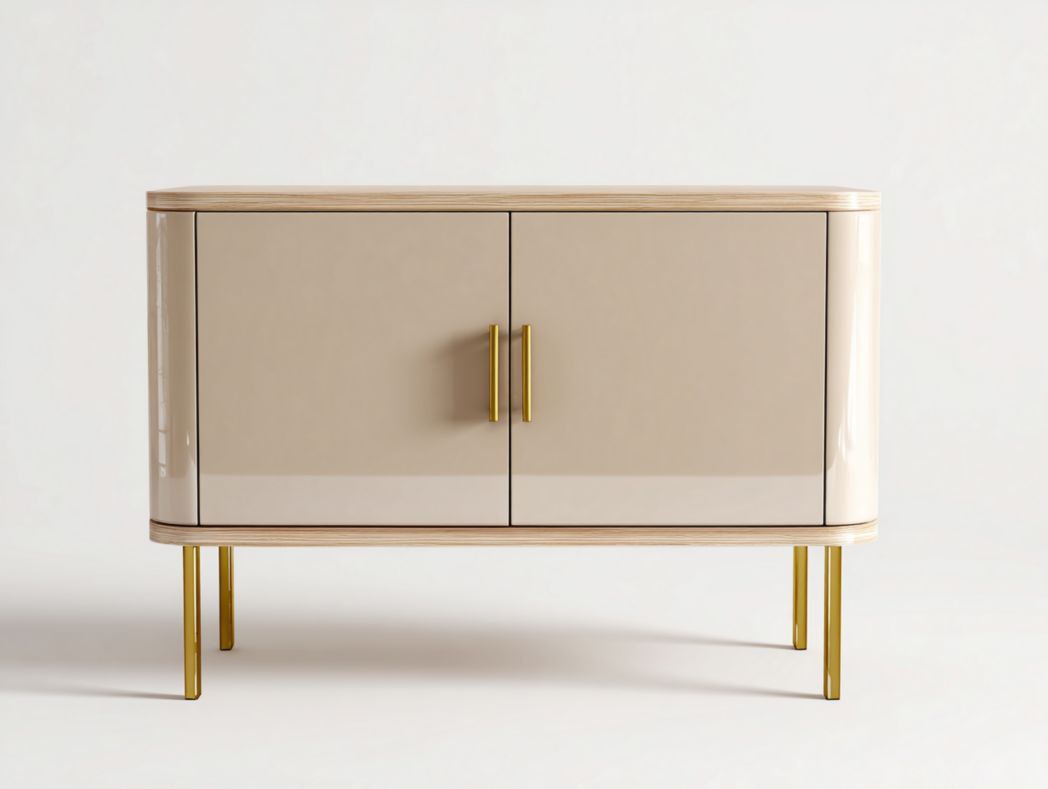 Meuble TV bois clair avec portes et pieds métalliques dorés