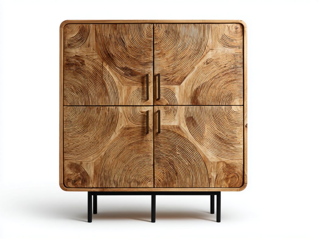 Buffet haut en bois sculpté à quatre portes avec pieds en métal noir