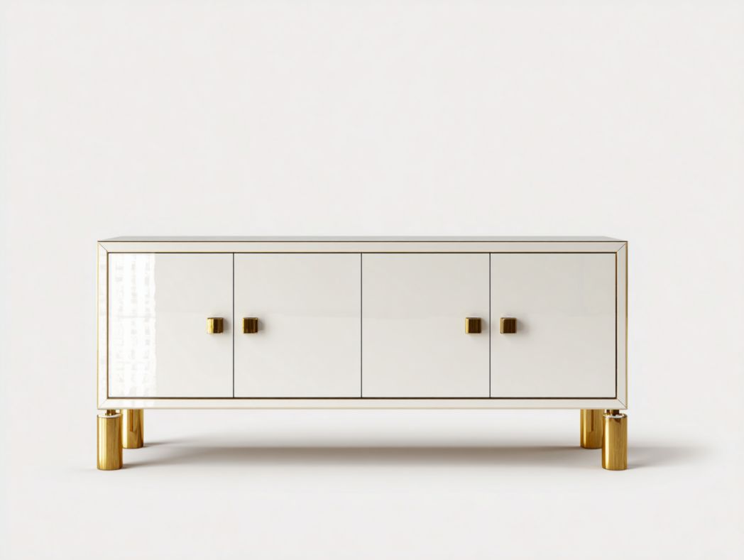 Meuble TV blanc avec détails dorés, 4 portes de rangement fermées