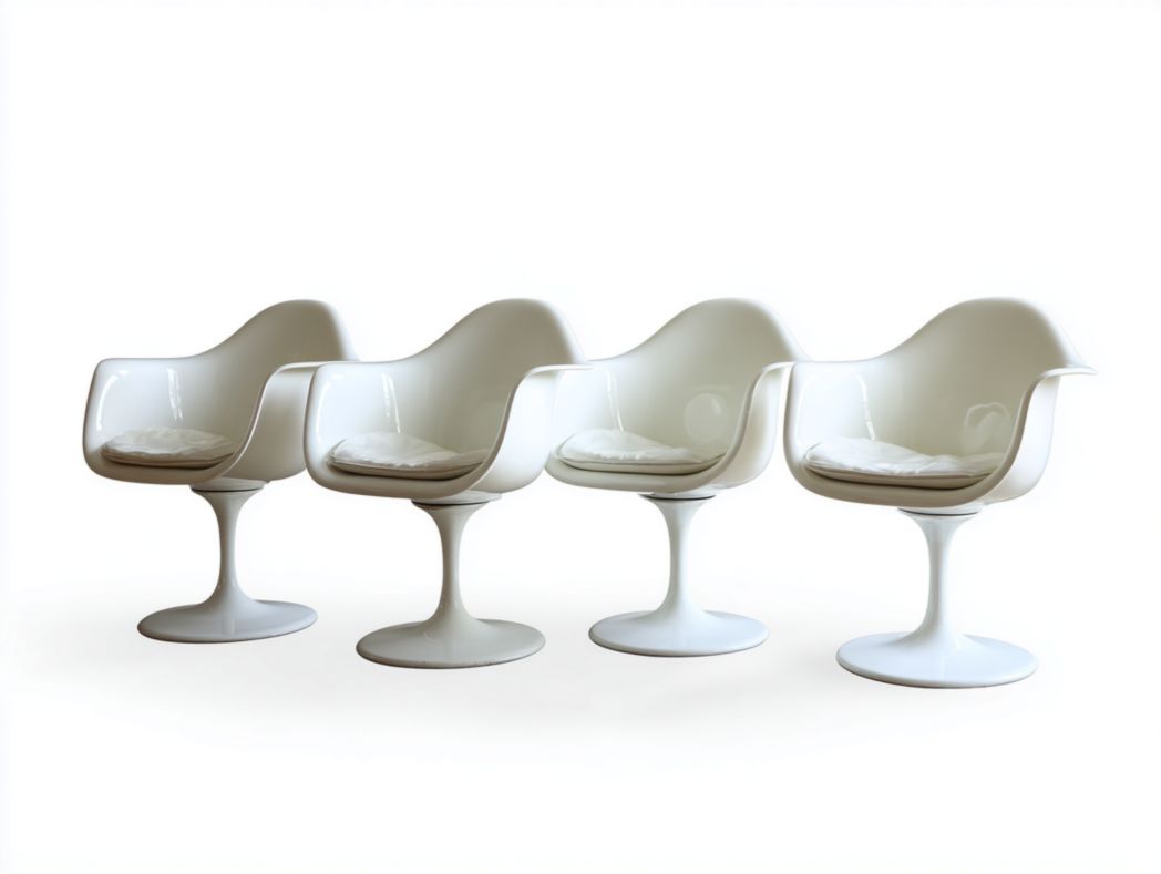 Lot de 4 chaises coque blanches avec dossier courbé et base ronde, coussin inclus