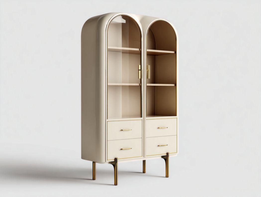 Vitrine moderne à arcades, 2 portes et 4 tiroirs, finition crème et détails métalliques