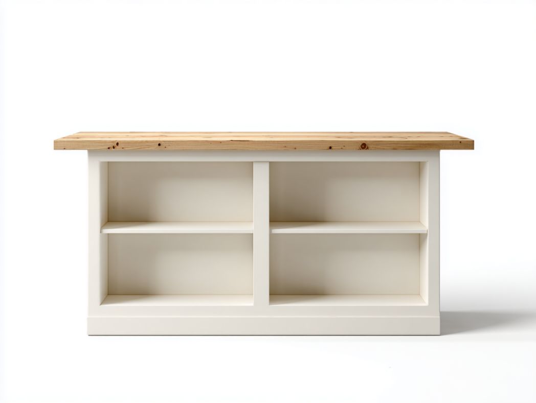 Meuble de bar scandinave blanc avec plateau bois et rangements ouverts