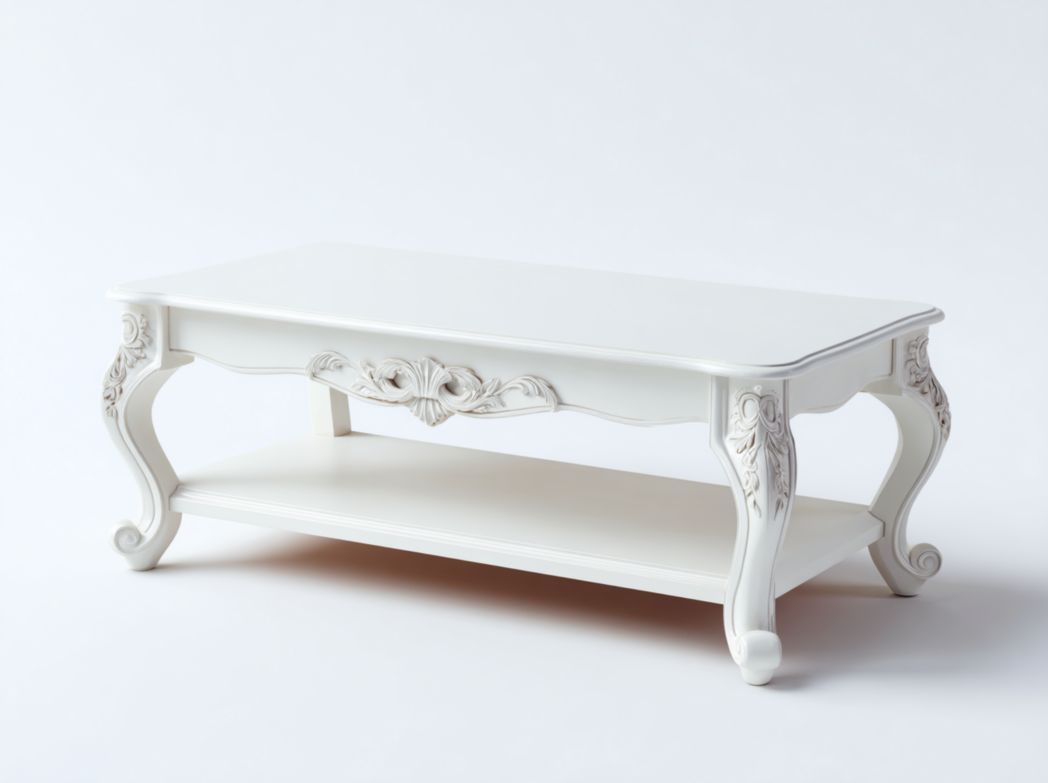 Table basse rectangulaire style baroque sculptée avec étagère de rangement