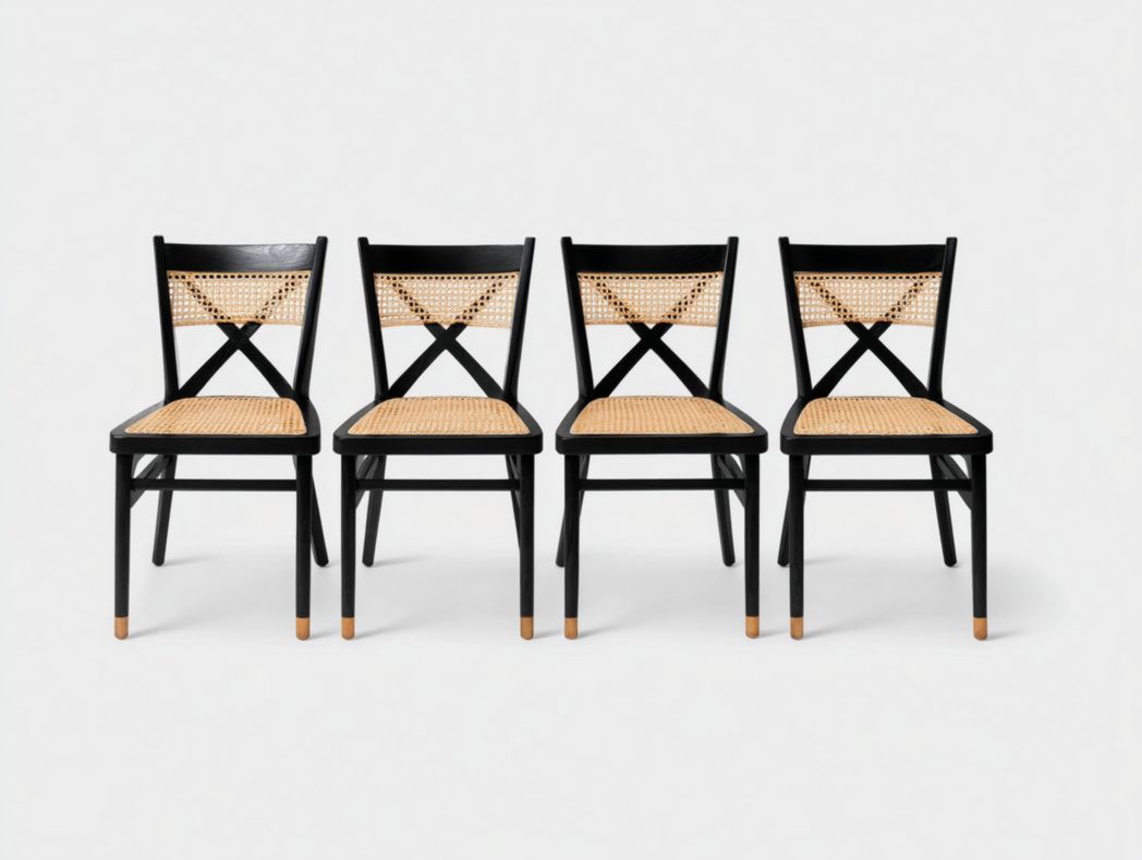 Lot de 4 chaises en bois noir avec assise et dossier en rotin, design dossier croisé en X