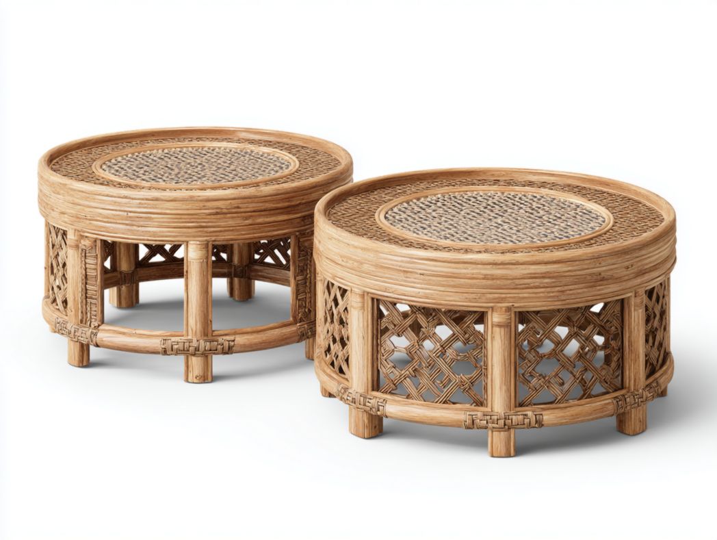 Ensemble de deux tables basses rondes en rotin tressé