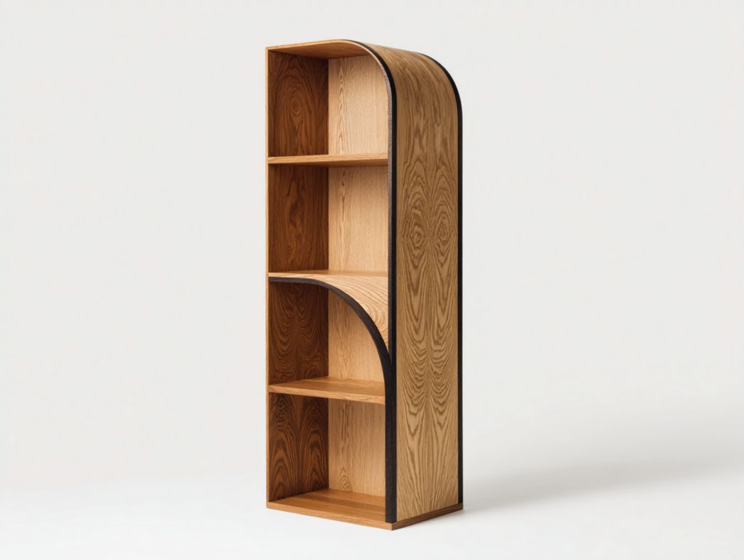 Vaisselier design avec 4 compartiments ouverts et étagère courbée, bois naturel et bordures noires