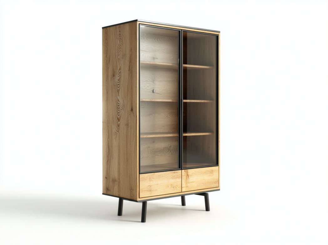 itrine moderne en bois et verre avec portes vitrées, étagères multiples et tiroirs bas