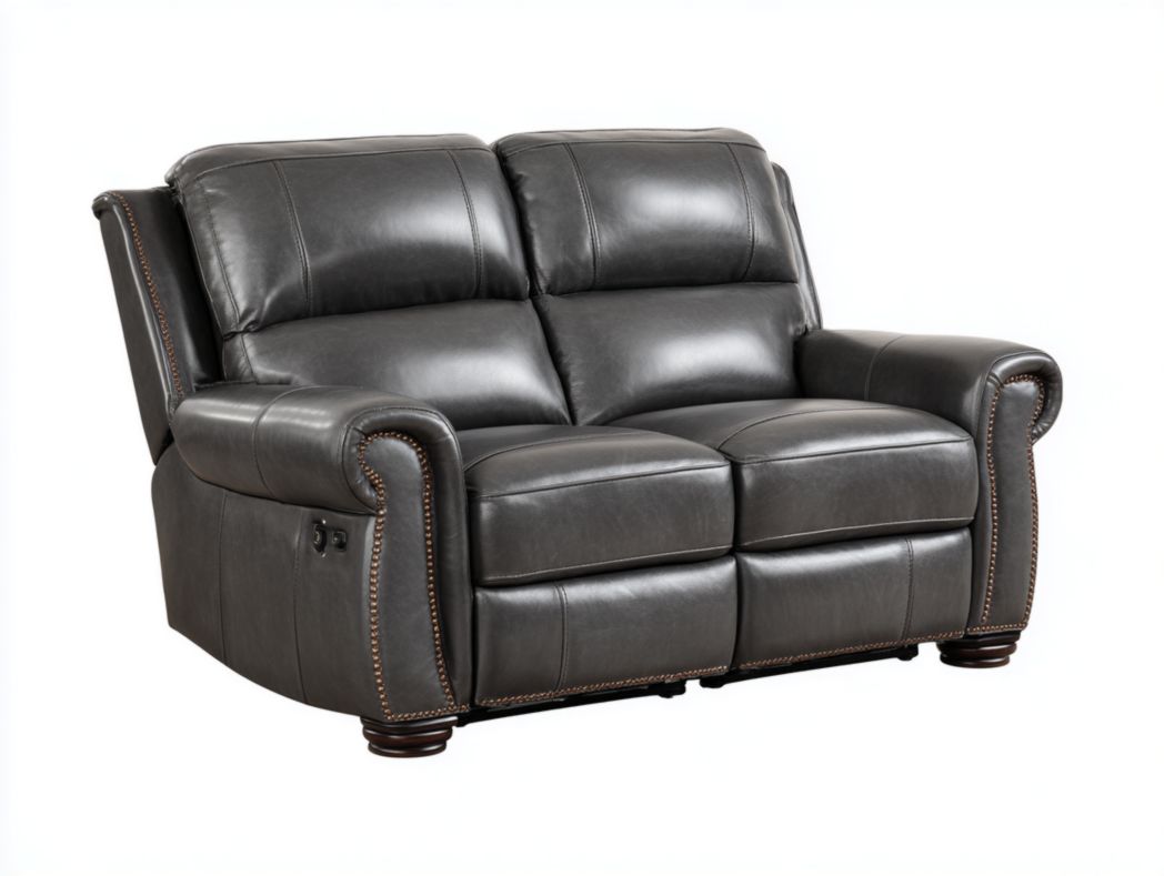 Canapé 2 places en similicuir gris foncé avec fonction électrique et accoudoirs arrondis cloutés