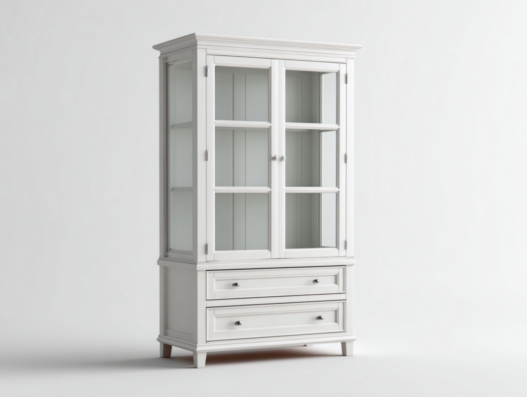 Buffet haut blanc en bois avec portes vitrées et tiroirs