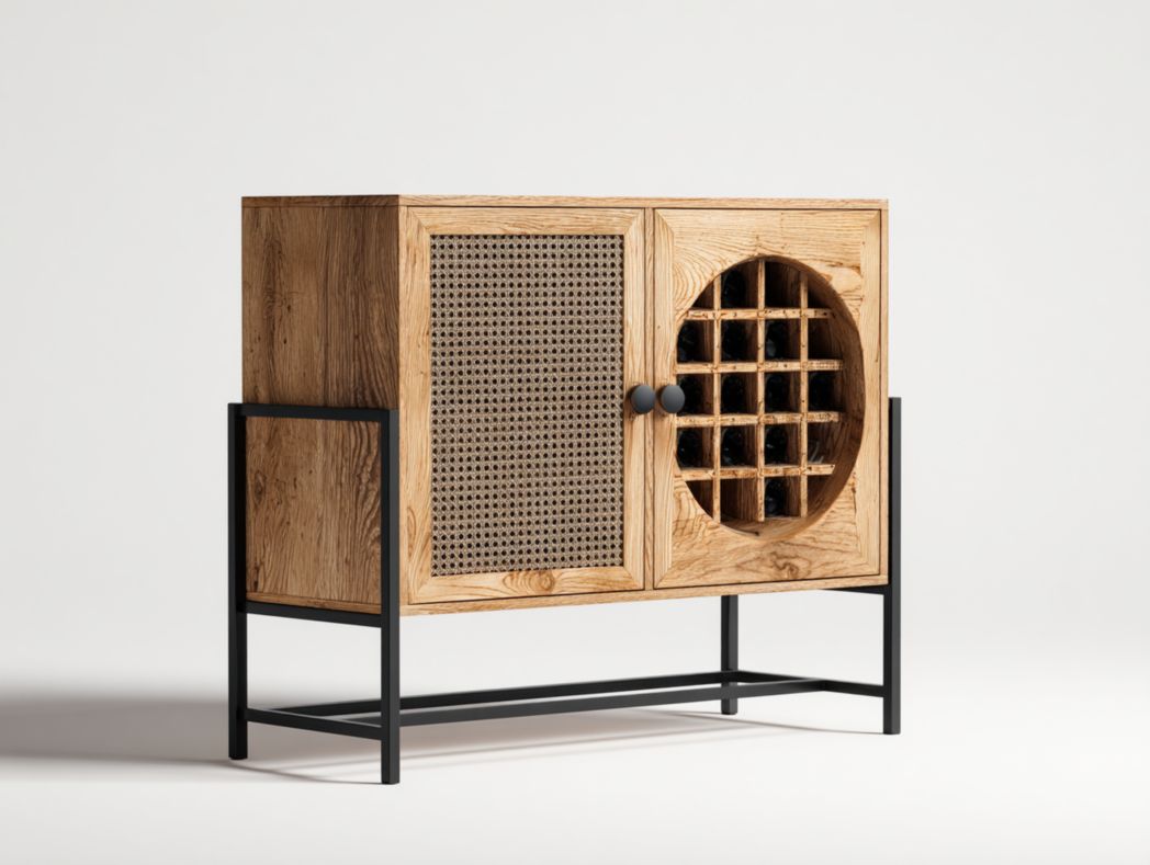 Buffet haut en bois avec porte en cannage et casier à vin rond sur structure métal noire