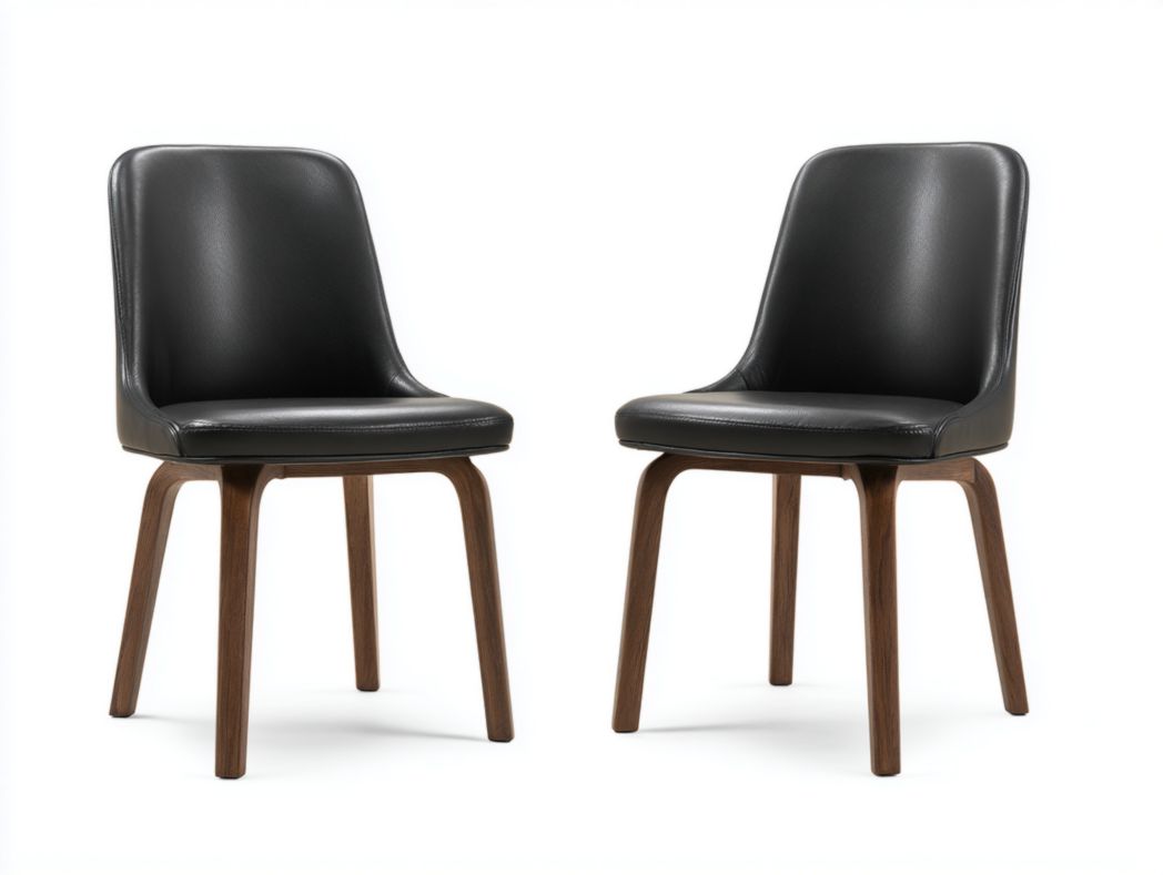 Lot de 2 chaises en bois noyer avec assise en simili cuir noir et dossier incurvé
