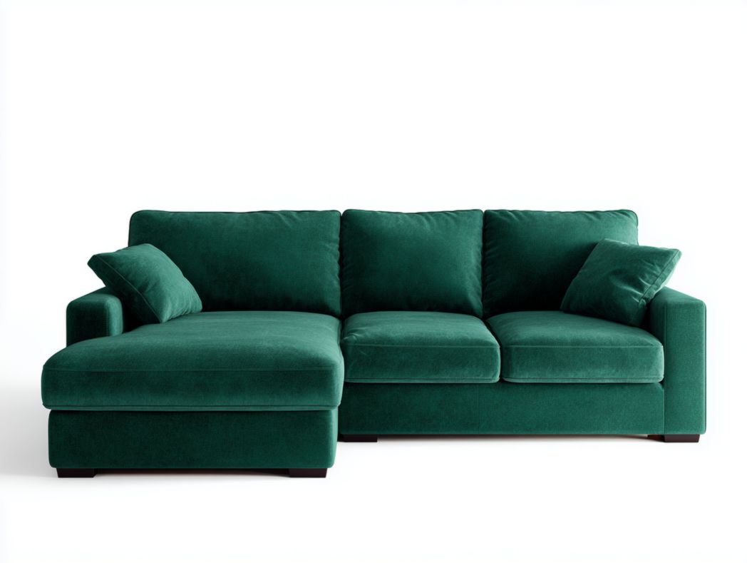 Canapé d’angle en tissu vert avec assises généreuses et 2 coussins décoratifs