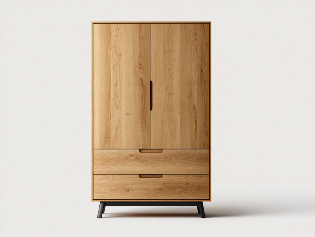 Buffet haut moderne en chêne clair avec deux portes et deux tiroirs, pieds noirs