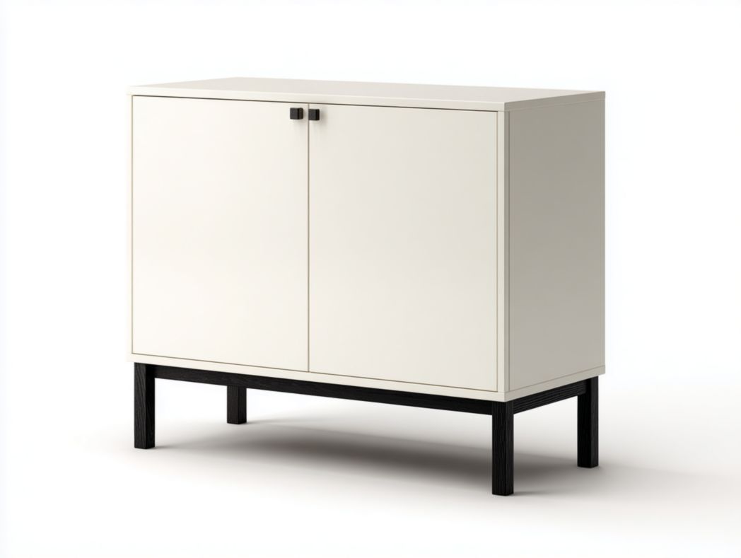 Meuble TV blanc avec base noire, deux portes et rangement fermé
