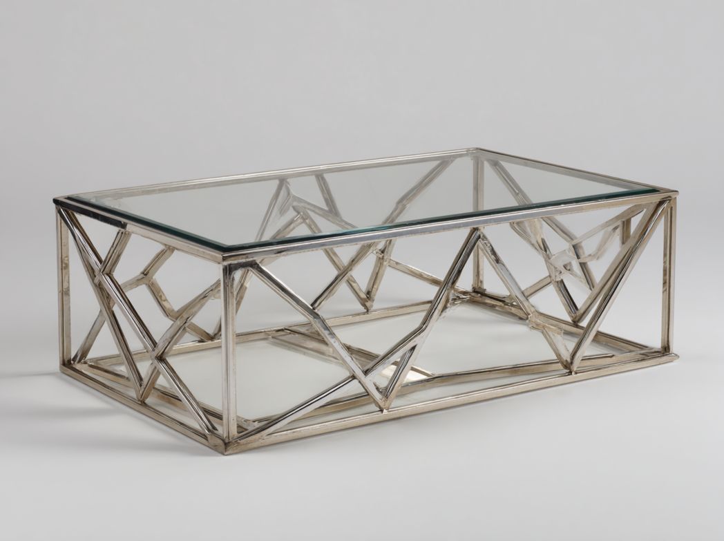 Table basse rectangulaire avec plateau en verre trempé et structure métallique argentée géométrique