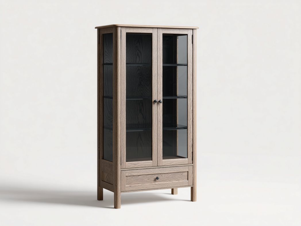 Vitrine en bois massif et verre avec double porte, étagères et tiroir