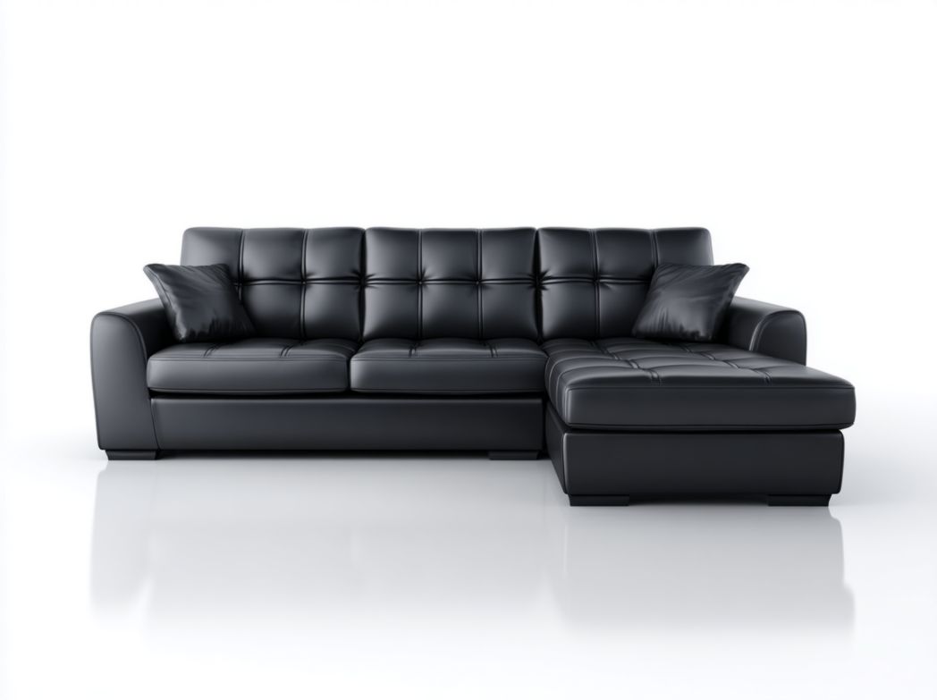 Canapé d’angle 4 places en cuir noir avec dossier à surpiqûres et 2 coussins