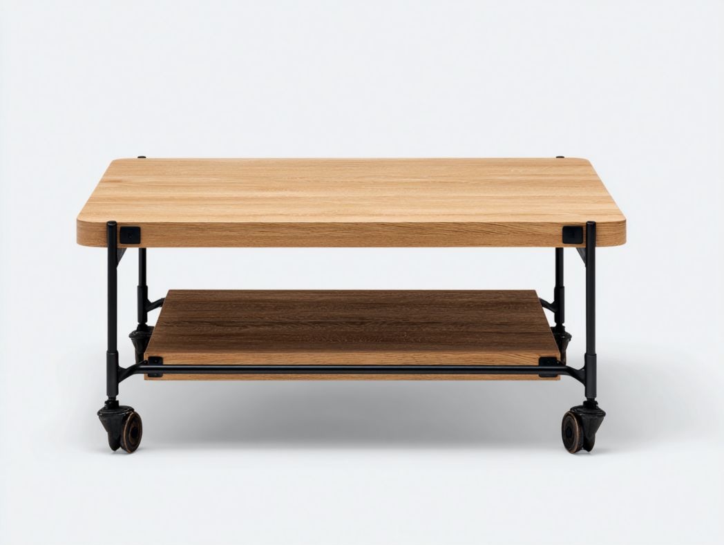 Table basse industrielle mobile à roulettes – Double plateau bois et métal – 1 pièce