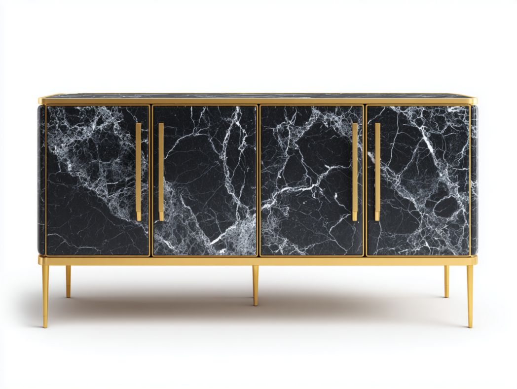 Buffet moderne luxe à 4 portes effet marbre noir avec structure dorée