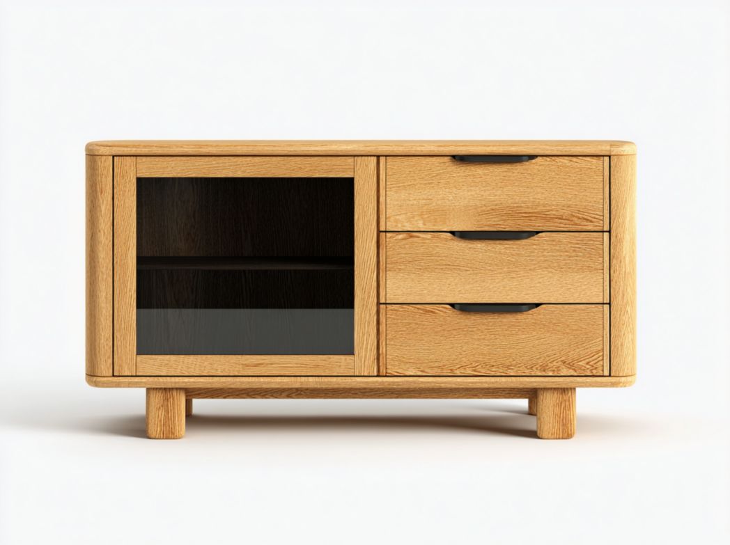 Buffet vitrine en bois naturel avec 3 tiroirs et porte vitrée à compartiment
