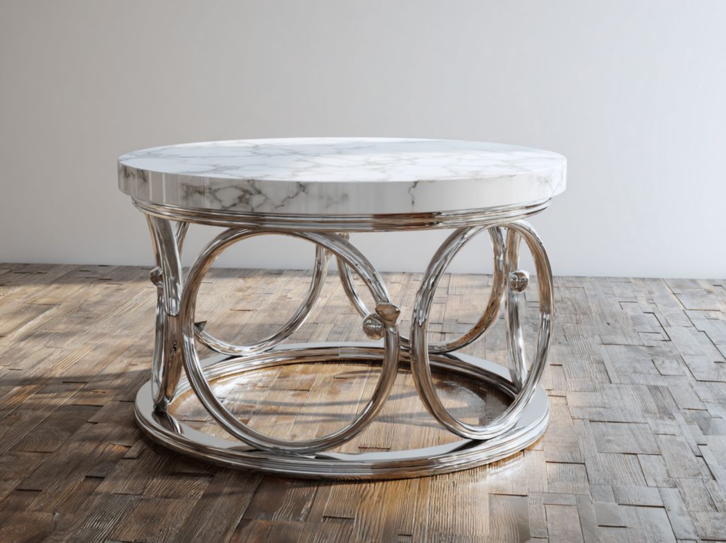 Table basse ronde en marbre blanc avec piètement circulaire en métal chromé