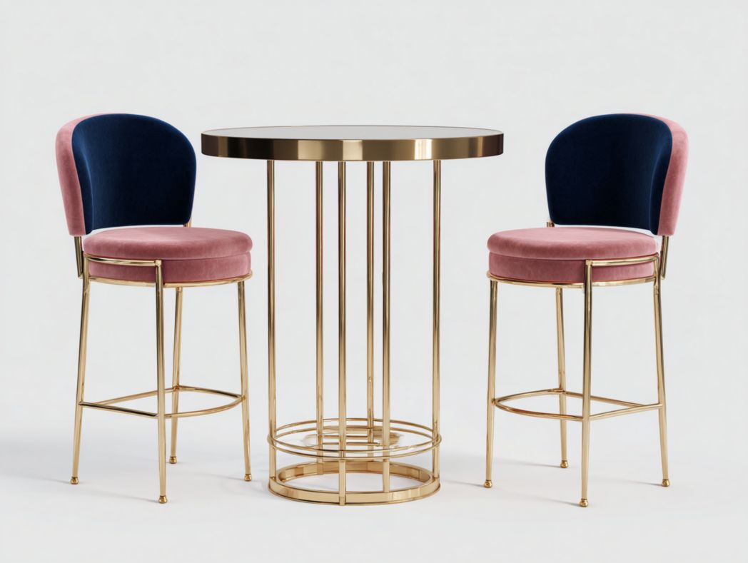 Ensemble mange debout élégant avec table ronde dorée et tabourets hauts en velours bicolore