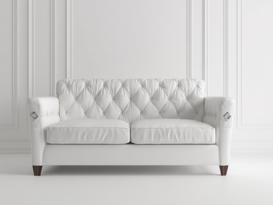 Canapé 2 places en similicuir blanc avec dossier capitonné et détails métalliques, pieds en bois