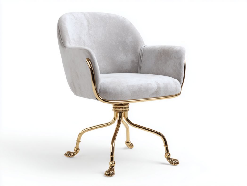 Chaise pivotante en velours gris avec accoudoirs et base métallique dorée