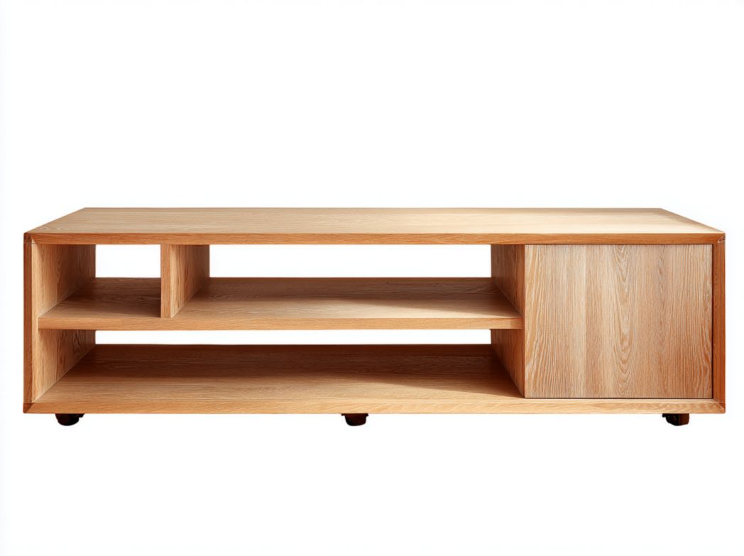 Meuble TV bois naturel avec roulettes, niches ouvertes et porte de rangemen