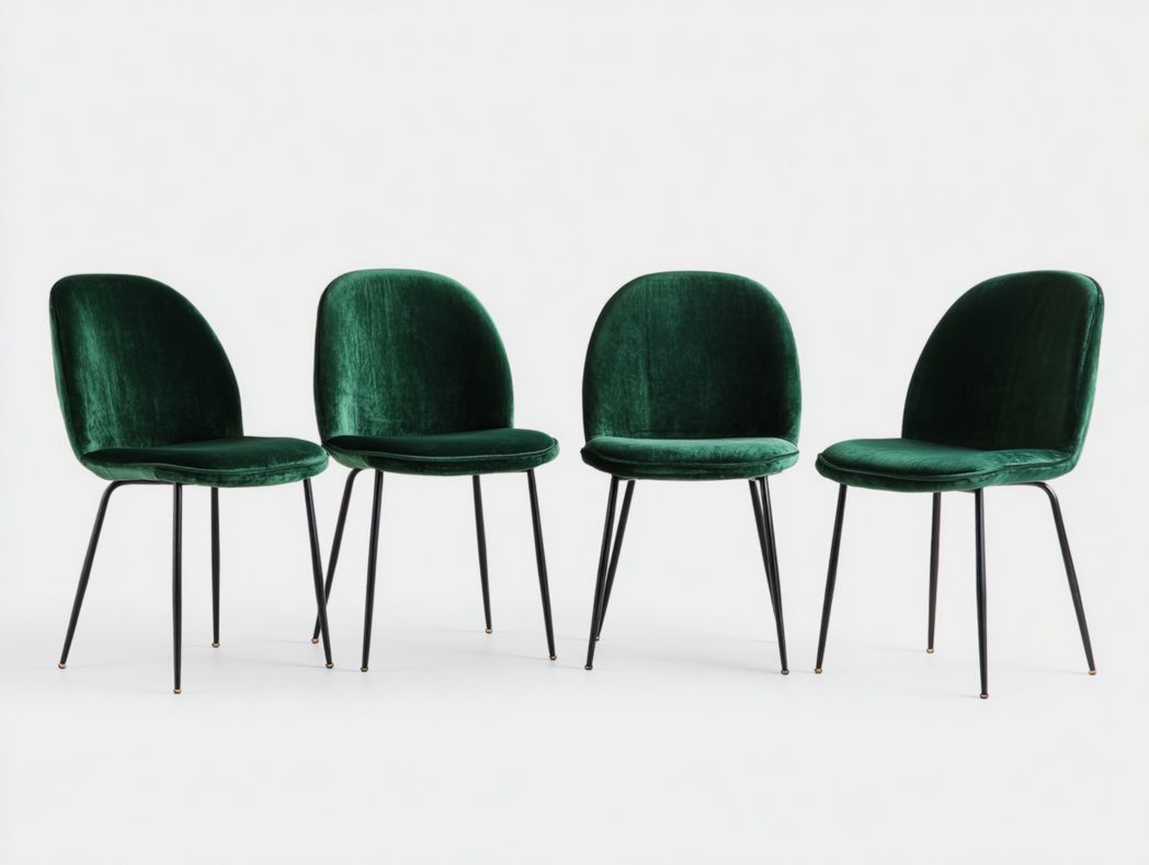 Ensemble de 4 chaises en velours vert foncé avec dossier arrondi et pieds fins en métal noir