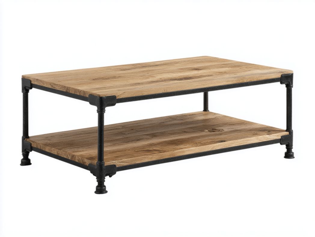 Table basse rectangulaire style industriel en bois et métal avec double rangement