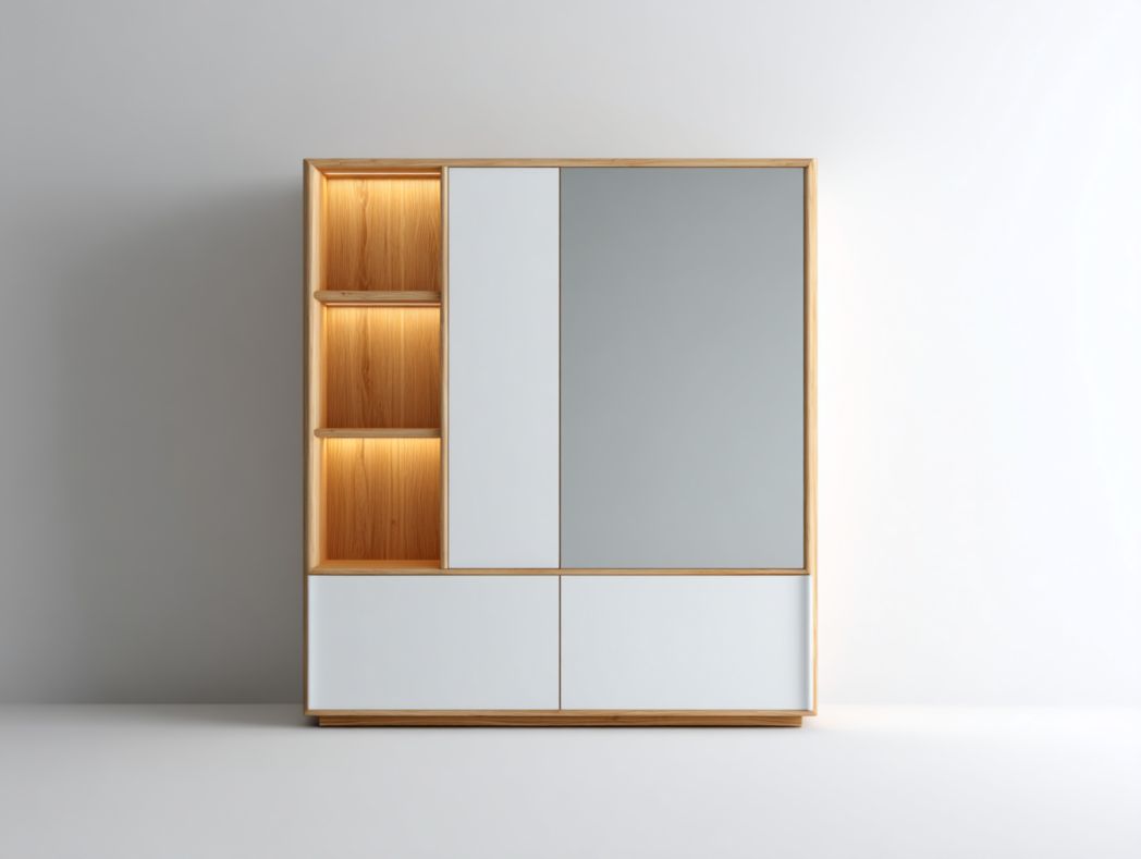Vitrine moderne en bois et blanc avec portes vitrées et éclairage LED intégré