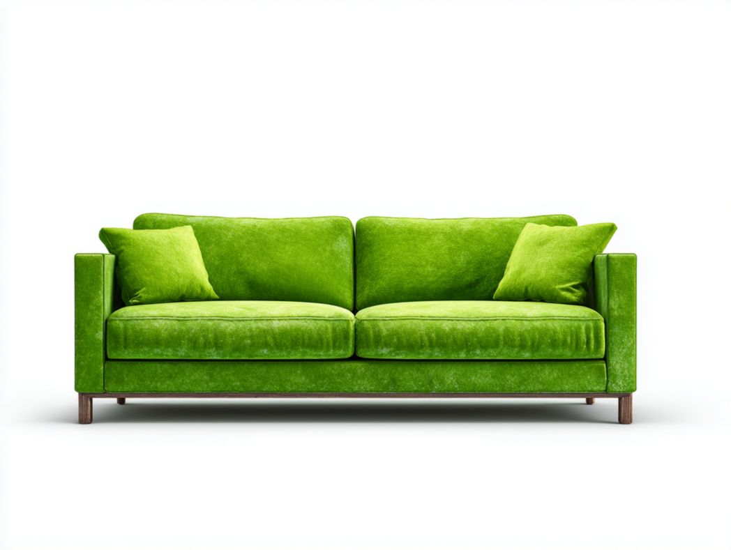 Canapé 2 places en tissu vert avec lignes droites et 2 coussins assortis