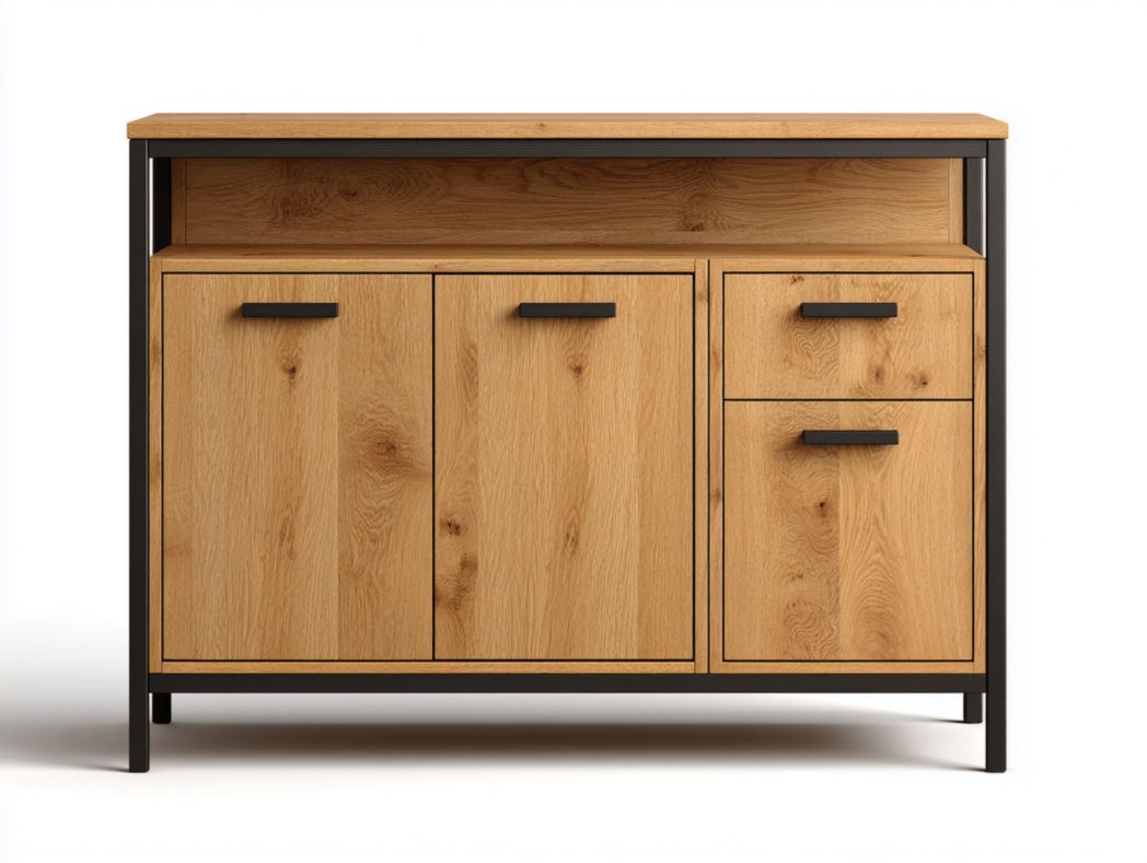 Vaisselier industriel en bois et métal avec 2 portes, 2 tiroirs et niche ouverte