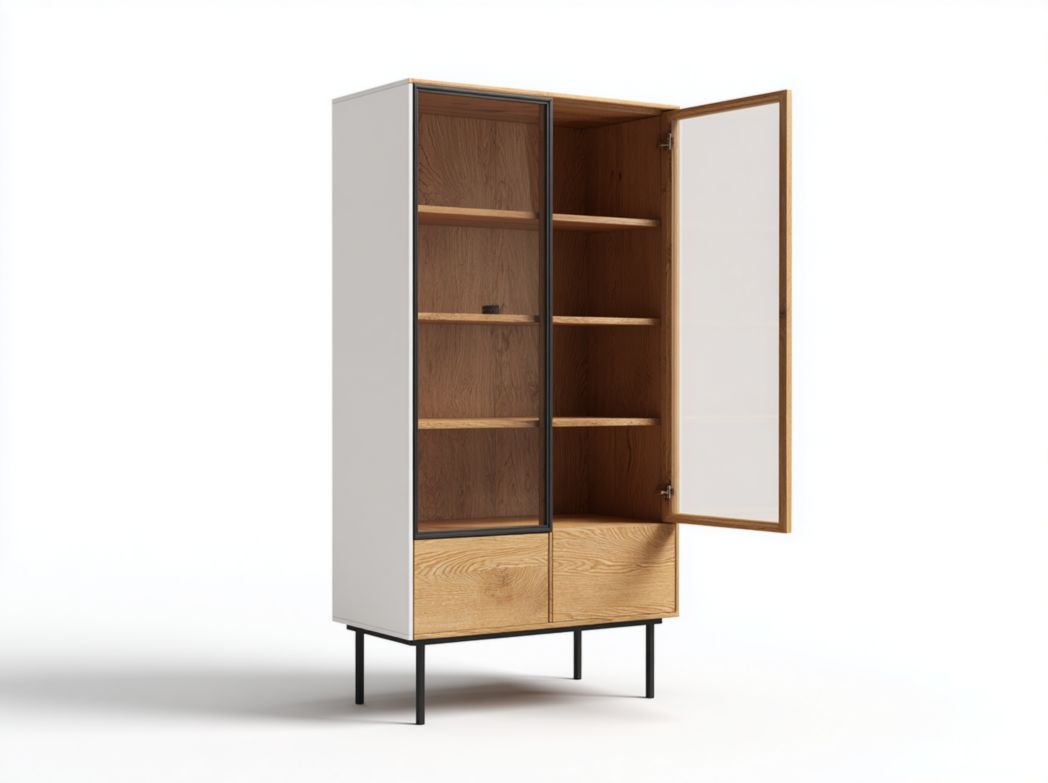 Vitrine moderne en bois et verre avec portes doubles, étagères intérieures et rangement bas