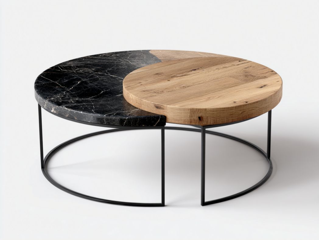Table basse ronde marbre noir et bois avec structure en métal