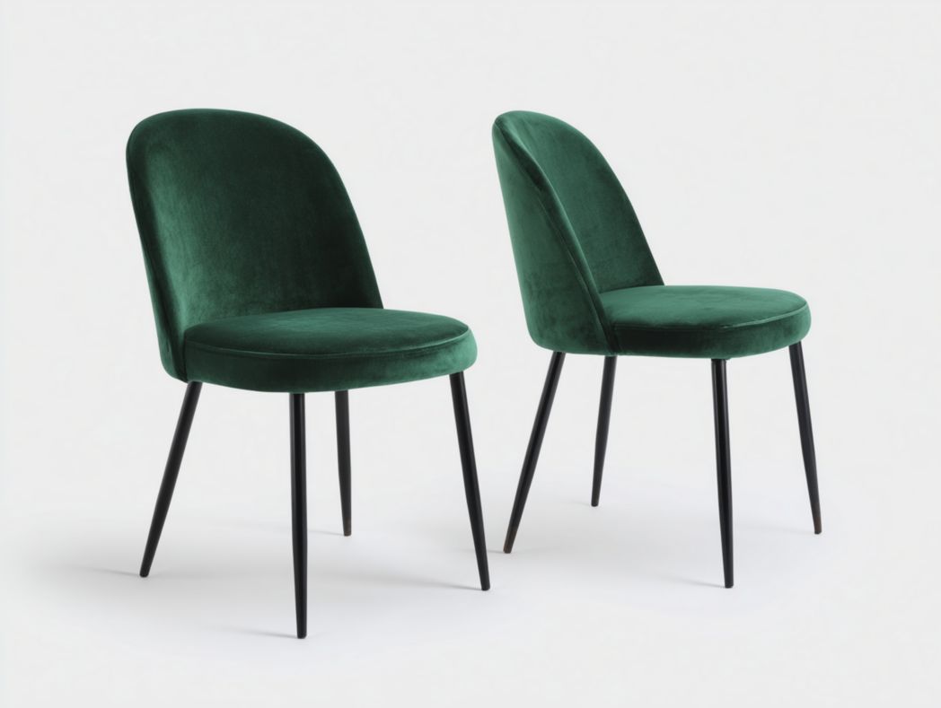 Lot de 2 chaises coque en velours vert avec dossier arrondi et pieds en métal noir