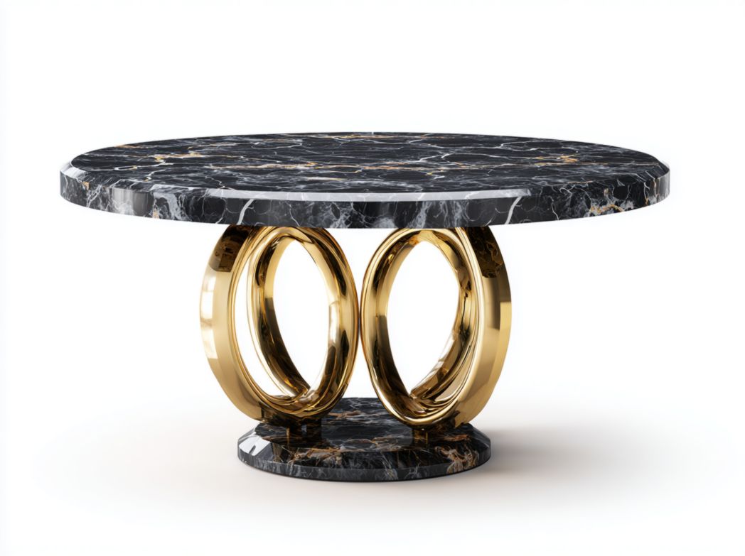 Table basse ronde en marbre noir avec piètement circulaire doré