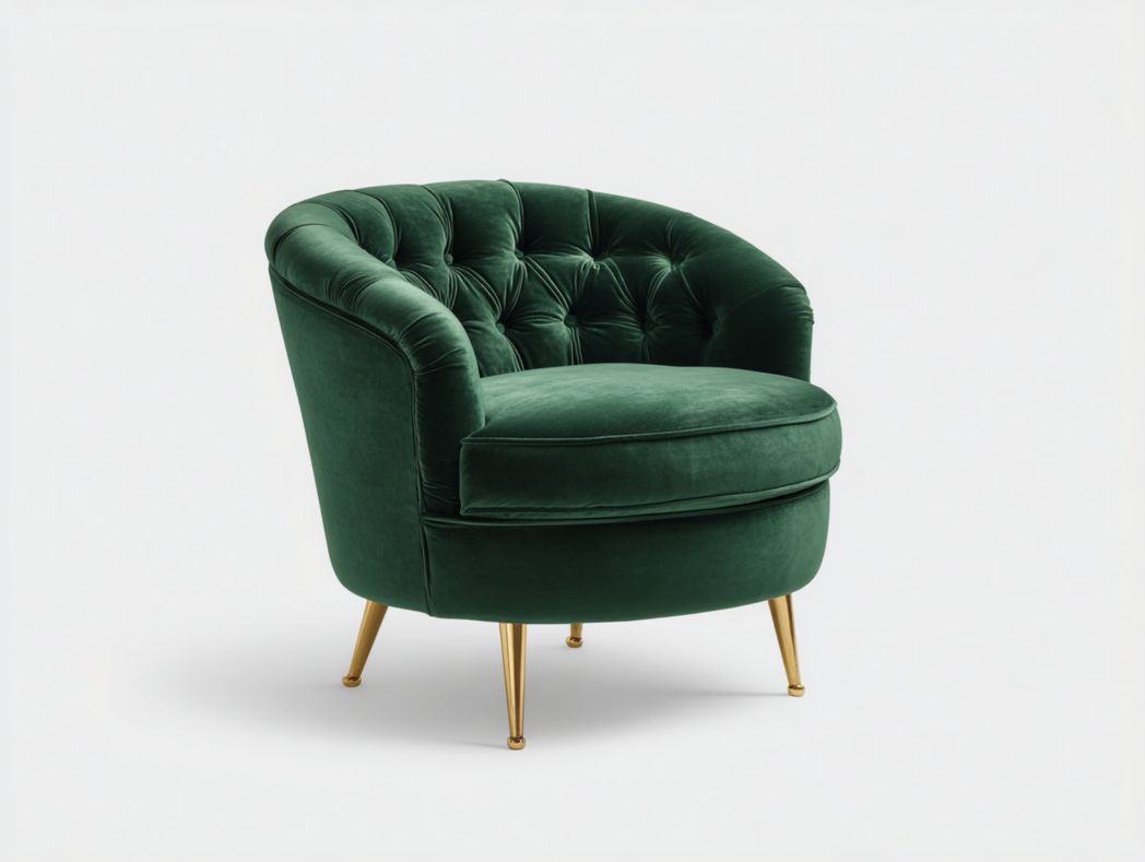 Fauteuil en velours vert avec dossier capitonné et pieds en métal doré