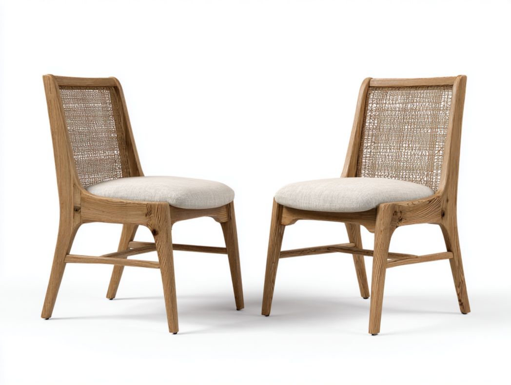 Lot de 2 chaises en bois avec dossier en rotin tressé et assise rembourrée beige