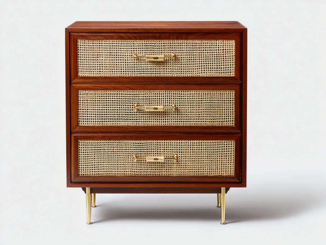 Buffet vintage chic à 3 tiroirs en bois avec façades en cannage et pieds dorés