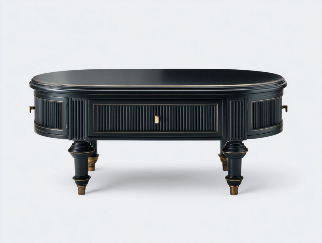Table basse ovale en bois noir avec rangements et finitions dorées