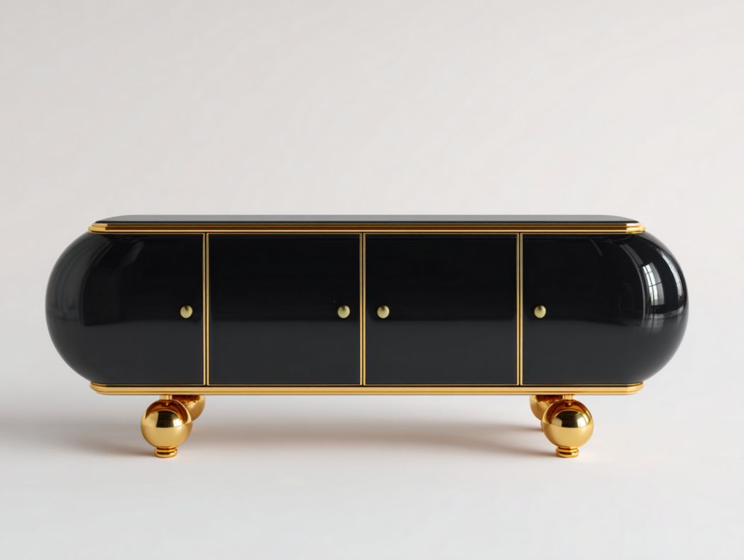 Meuble TV noir brillant avec finitions dorées et trois portes de rangement