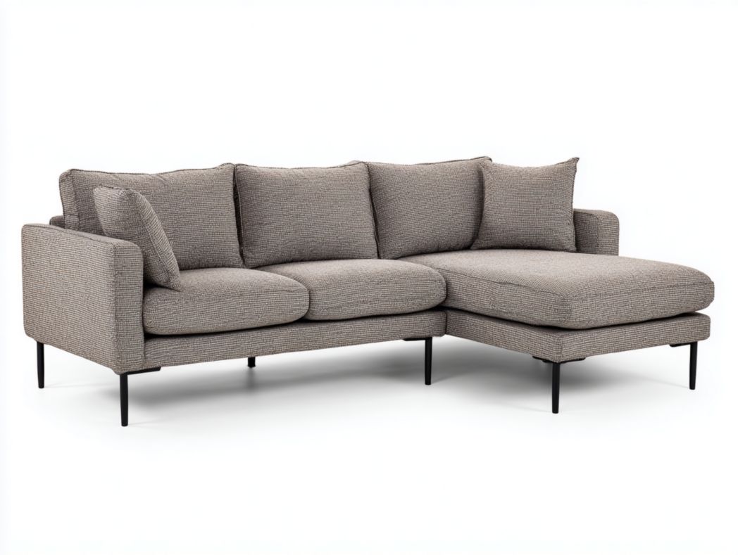 Canapé d’angle en tissu gris à motif fin avec 2 coussins décoratifs